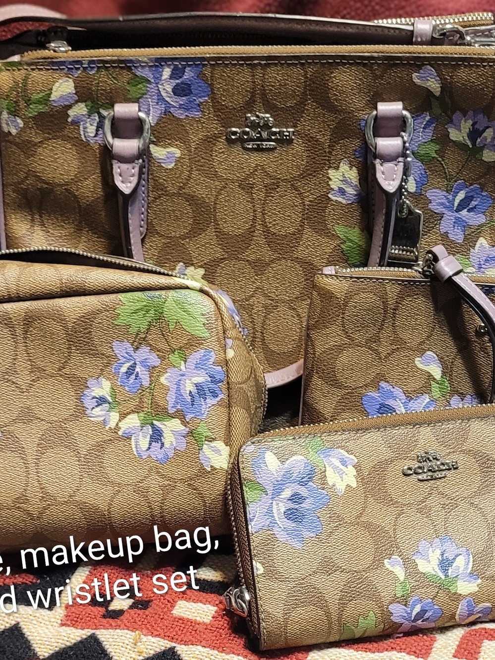 Coach Brown Floral Signature Canvas Tote with Lavender Trim